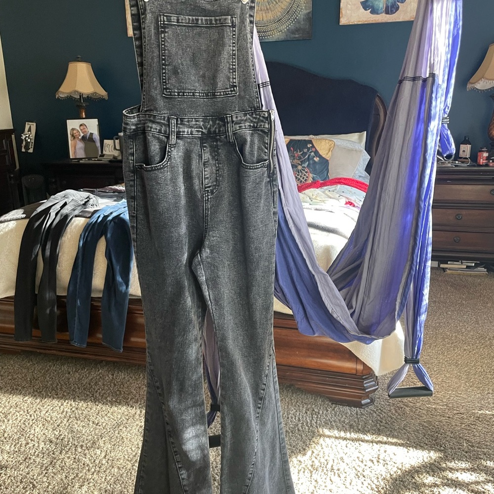 Black stone washed flare overalls